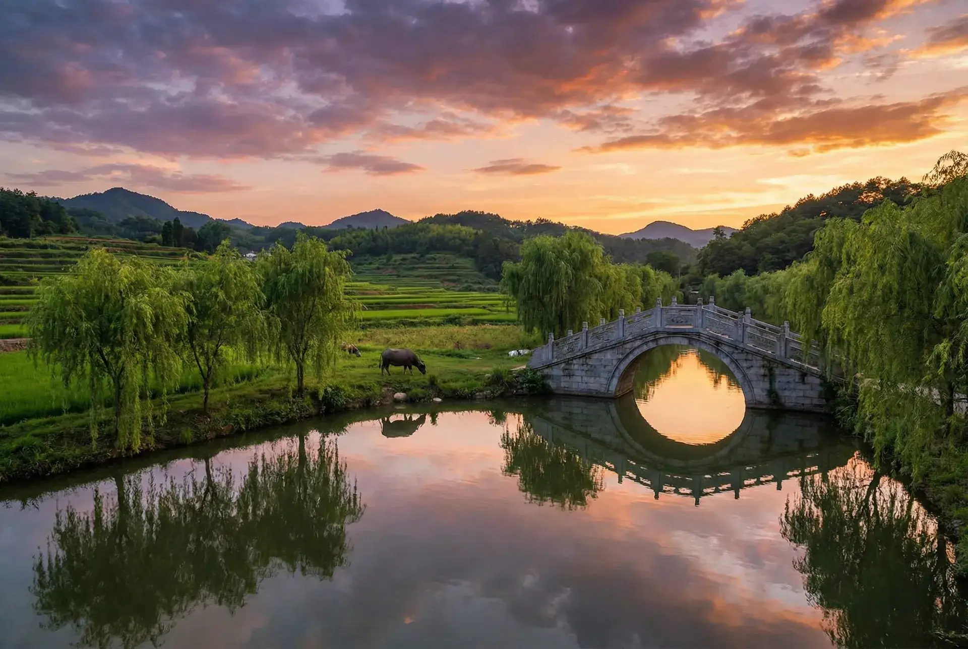 夕阳下的石拱桥与垂柳，水牛在河边吃草 - 电影天空免费观看高清完整版在线观看 乡村美景